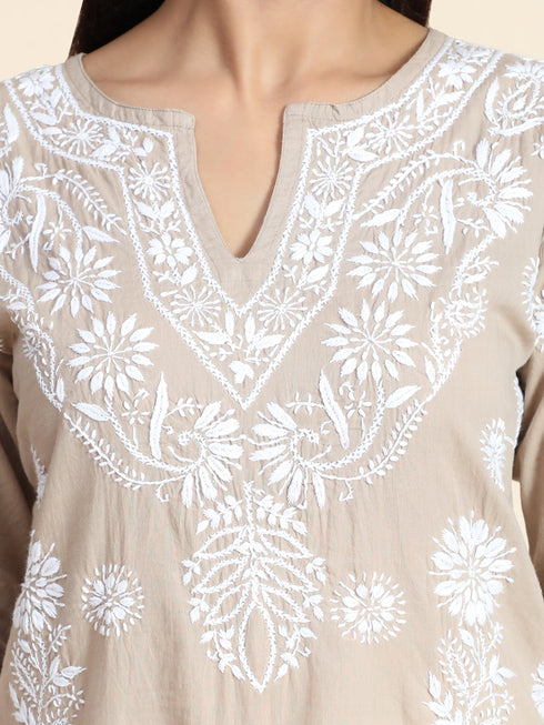 Aanchal in HOK Chikankari Long Kurti for Women Beige & White-2